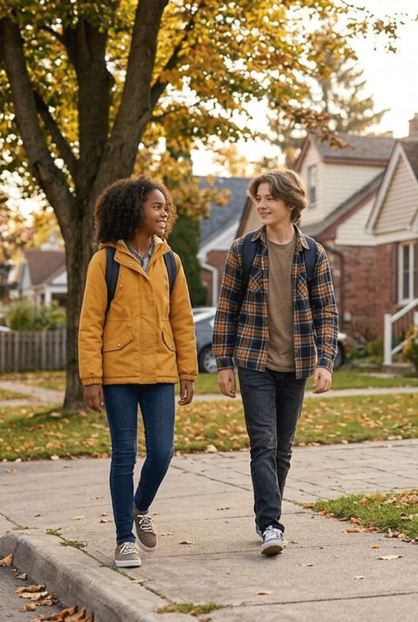 male and female students walking on neighborhood sidewalk