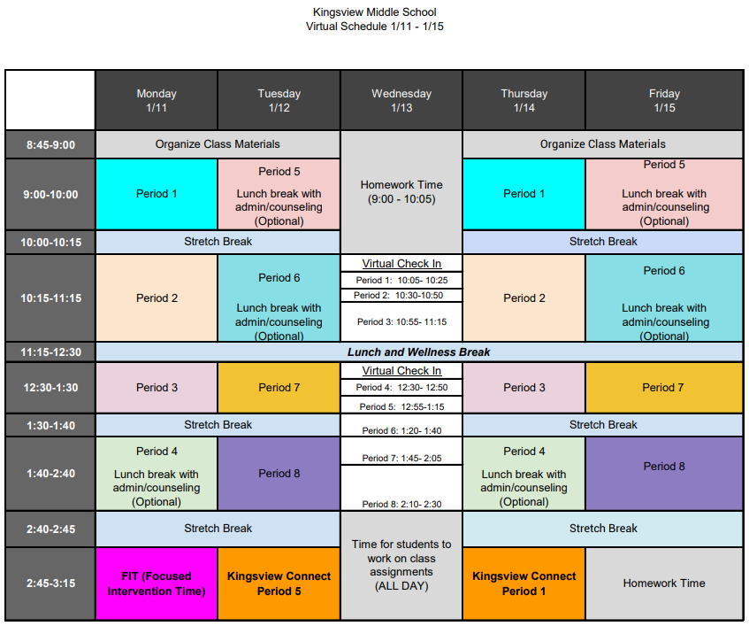 Weekly Schedule | Kingsview MS