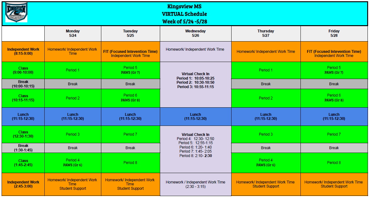 Weekly Schedule | Kingsview MS