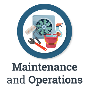 A fan, bucket, and various tools represent the maintenance and operations functions of OFM